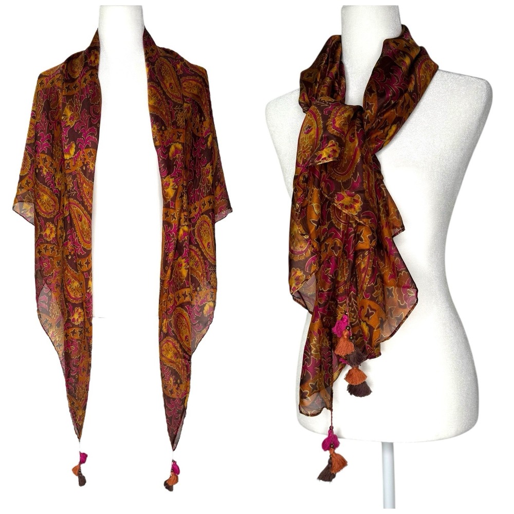 NWT VTG Lucky Brand 100% Silk Scarf  52"‎ Paisley Tassels Boho Gypsy Table Cover